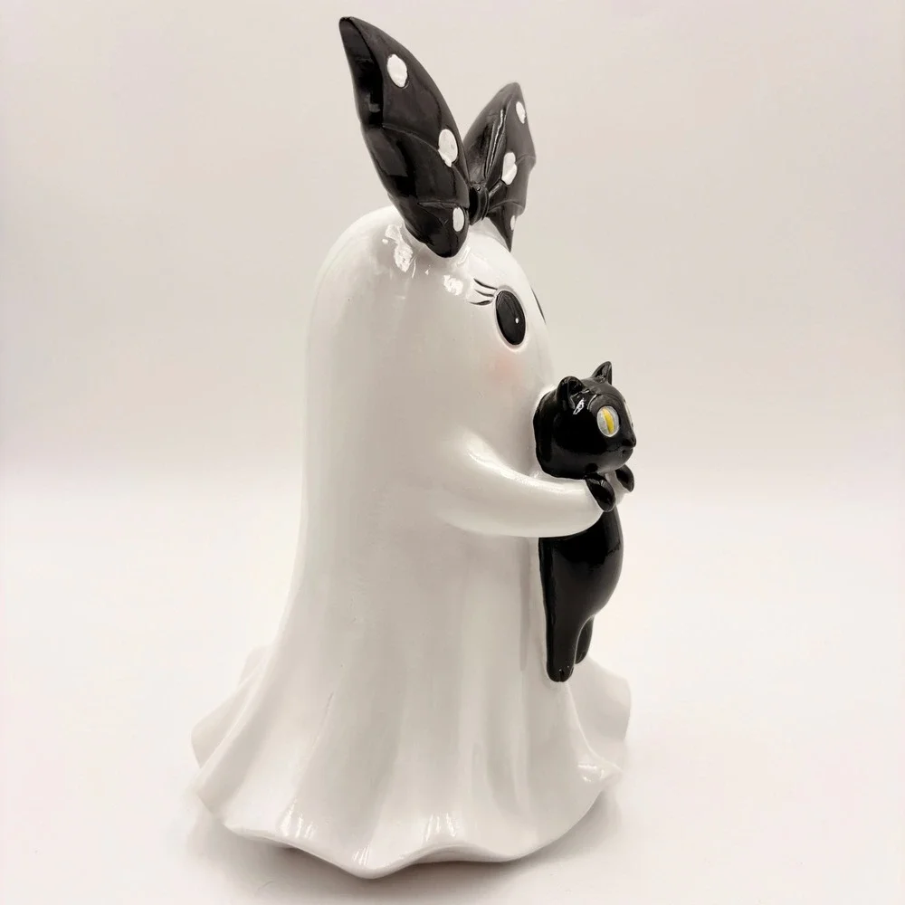 Halloween Ghost Figurine with Black Cat and Bat Wing Bow Decor